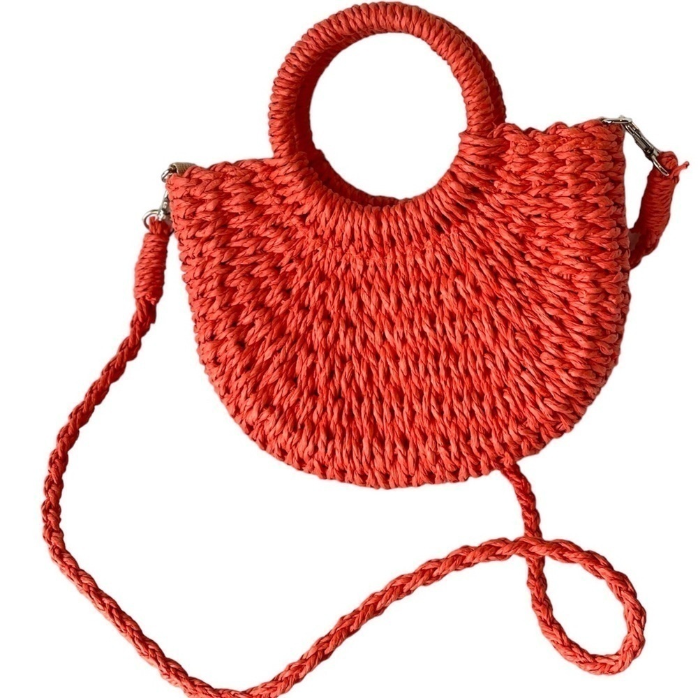 Orange Straw Bag Crossbody Shoulder Handbag Purse Boho Beach Tote Bag Drawstring
